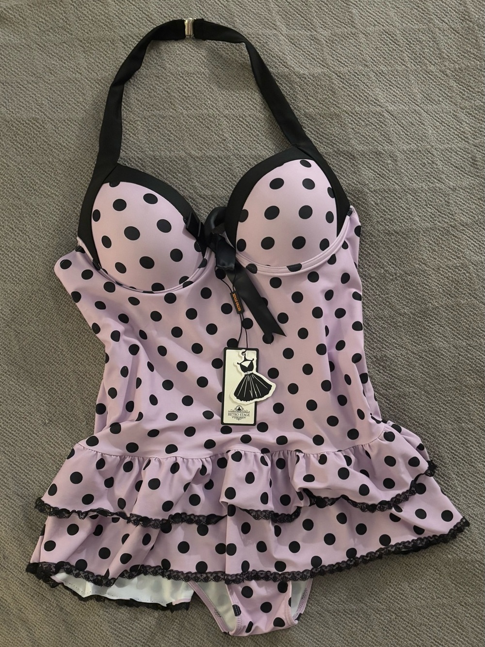 Retro stage Polka Dot Ruffle y2k swimsuit - Lavender & Black - XL